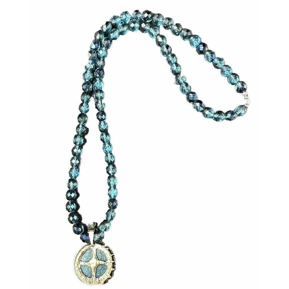 Turquoise Colored Crystal Beaded Costume Necklace Round Rhinestone Medalion - Picture 6 of 6